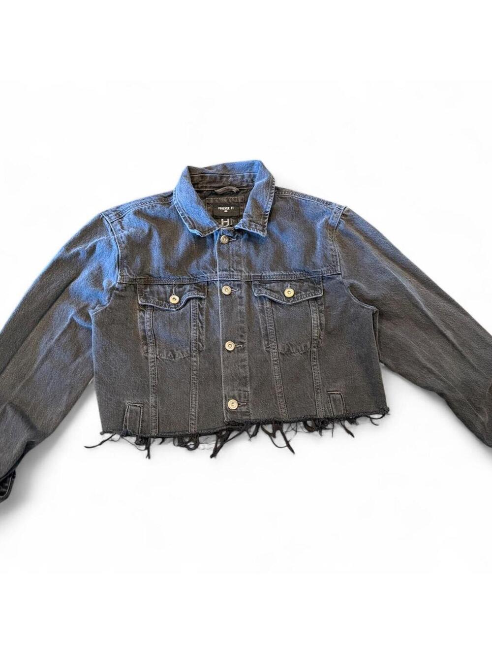 Forever 21 Women's Cropped Black Denim Jacket with Raw Hem